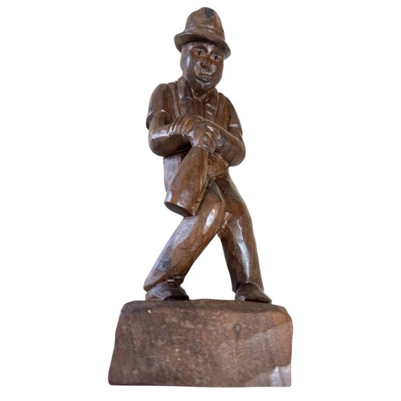 Vintage Hand Carved Folk Art Wooden Man Statue Hat & Suspenders 10" - Picture 7 of 8